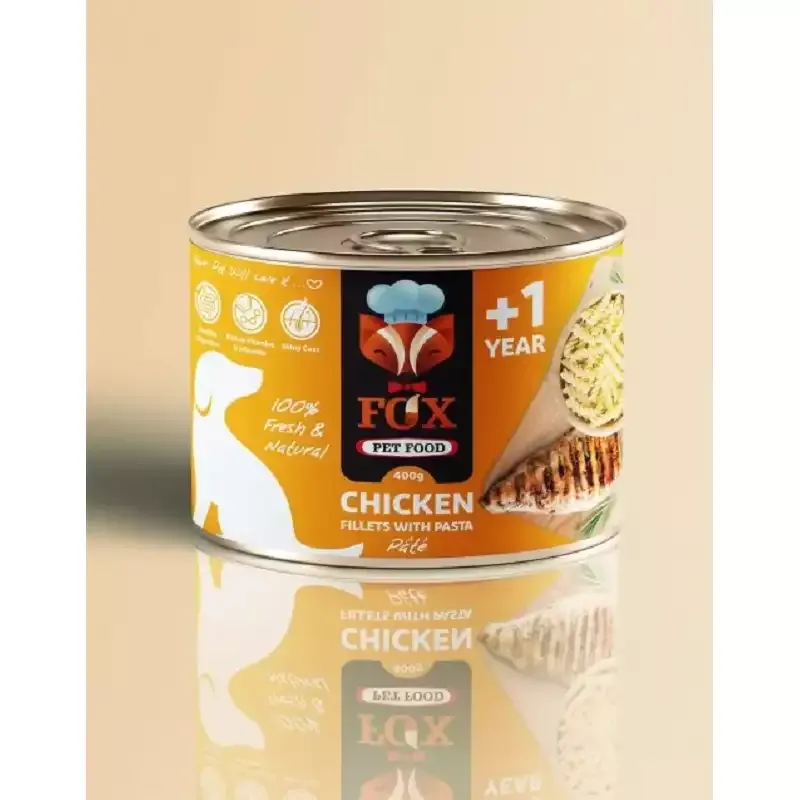 کنسرو غذای سگ فاکس مدل  chicken fillets with pasta طعم فیله مرغ و پاستا وزن 500 گرم