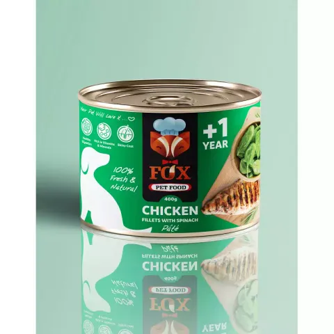 کنسرو غذای سگ فاکس مدل chicken fillets with spinach طعم فیله مرغ و اسفناج وزن 500 گرم