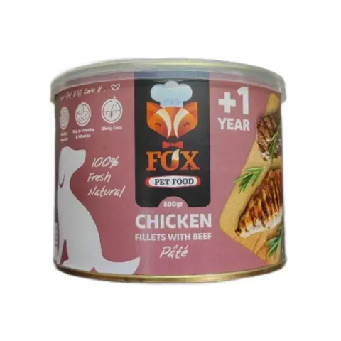 کنسرو غذای سگ فاکس مدل chicken fillets with beef طعم فیله مرغ و بیف وزن 500 گرم